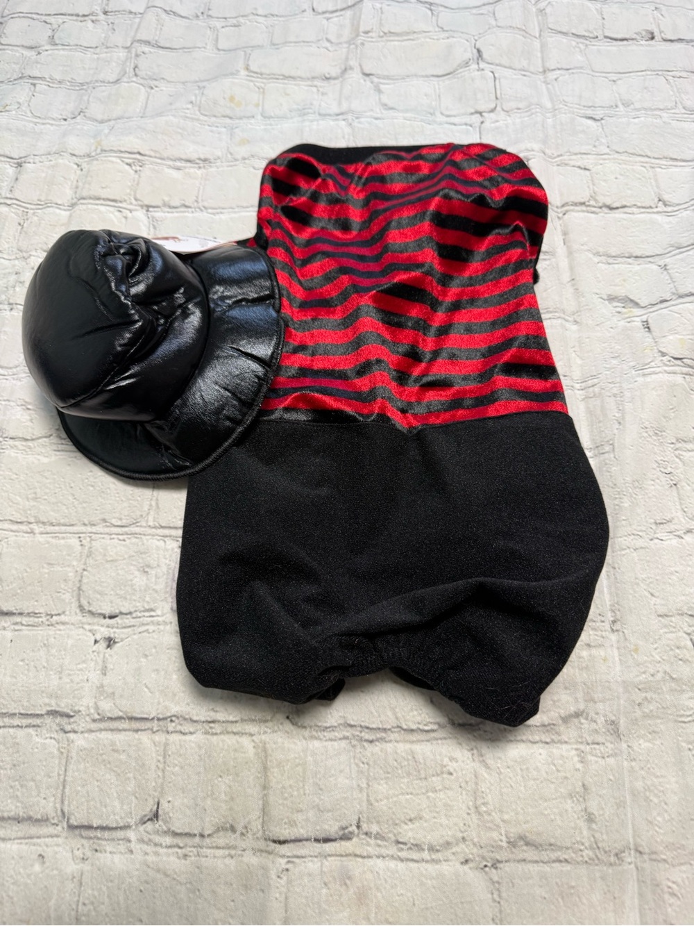 Pet Warrior Dog striped shirt with black pants custome. Halloween costume.